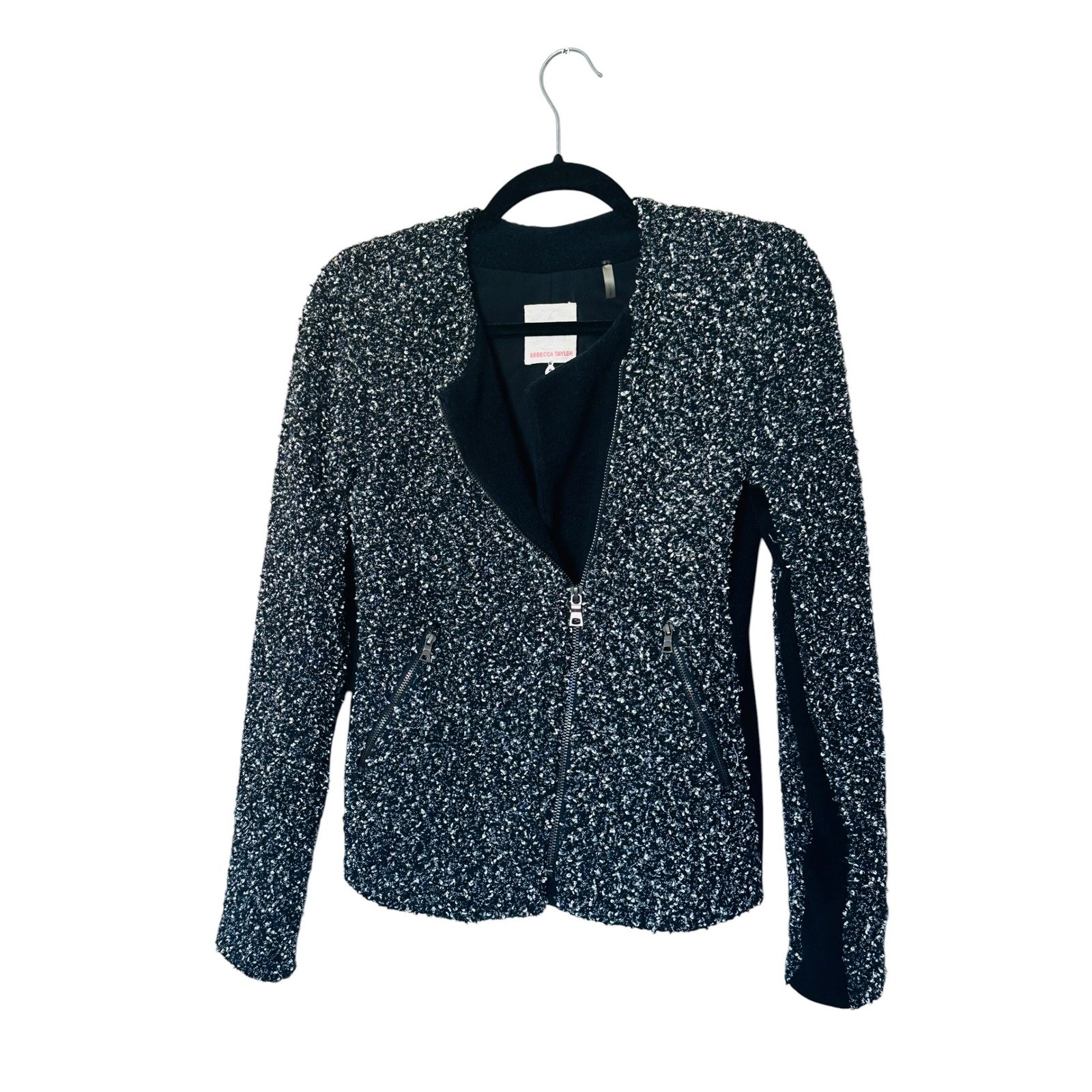 Rebecca Taylor Tweed Moto Jacket Black White Boucl Zip Blazer Size 2